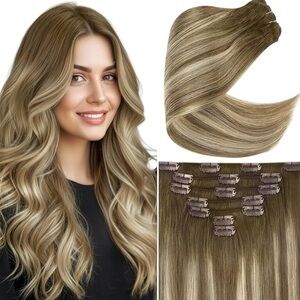 Ve Sunny Clip in Extensions Balayage Ombre Human Hair 20 Inch 7pcs 120g #3/8/22
